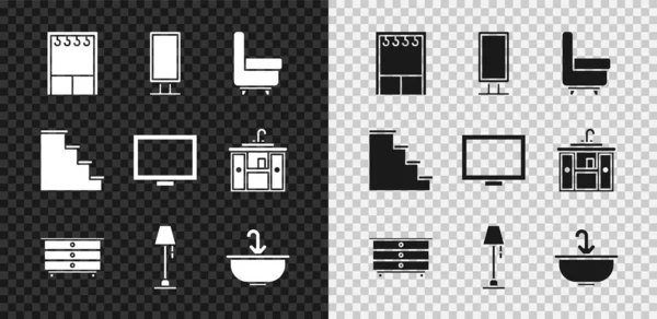 Szett szekrény, Nagy teljes hosszúságú tükör, fotel, Mellkas fiókok, Padlólámpa, Mosókagyló vízcsapolóval, Lépcső és képkeret az asztalon ikonon. Vektor — Stock Vector