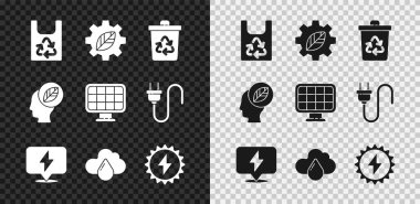 Geri dönüşümlü plastik torba, vites makinesine konan yaprak bitkisi, geri dönüşüm kutusu, yıldırım, bulut yağmuru, güneş enerjisi paneli, insan yaprağı ve simge. Vektör