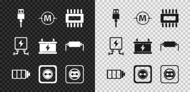 USB kablo kablosu, elektrik devre şeması, mikro devreli işlemci, pil şarj seviyesi göstergesi, elektrik prizi, trafo ve araba akü simgesini ayarla. Vektör