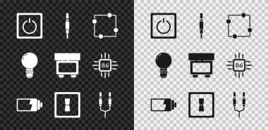 Elektrik şalteri, ses krikoyu, devre şeması, pil şarj seviyesi göstergesi, fikir ve fitil ikonuna sahip ampul ayarla. Vektör