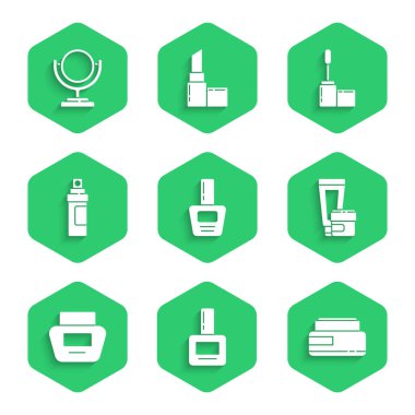 Tırnak cilası şişesi, krem ya da losyon kozmetik tüp, parfüm, Mascara fırçası ve yuvarlak makyaj aynası ikonu. Vektör