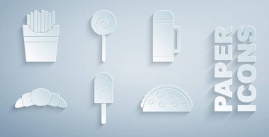 Dondurma, termos kabı, kruvasan, tortilla, lolipop ve patates kızartması kutusu ikonu. Vektör