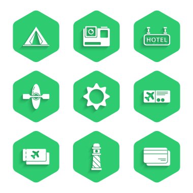 Set Sun, Lighthouse, Credit card, Airline bileti, Kano ya da Kano, Sinyal Oteli ve Turist çadırı simgesi olan tabela. Vektör