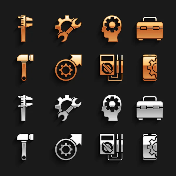Definir engrenagem e setas como processo de fluxo de trabalho, Caixa de ferramentas, Configuração no smartphone, Multímetro, Martelo, Cabeça humana com engrenagem para dentro, Calliper escala paquímetro e chave chave chave ícone da chave. Vetor —  Vetores de Stock