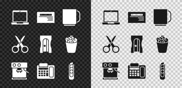Set Laptop, επαγγελματική κάρτα, φλιτζάνι καφέ, μηχανή, τηλέφωνο, μαχαίρι χαρτικά, ψαλίδι και μολύβι ακονίσματος εικονίδιο. Διάνυσμα — Διανυσματικό Αρχείο