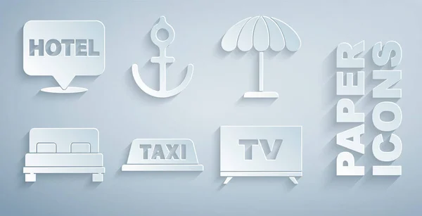 Set Taxi autodak, Zon beschermende paraplu voor strand, Groot bed, Smart TV, Anker en Ligging hotel icoon. Vector — Stockvector