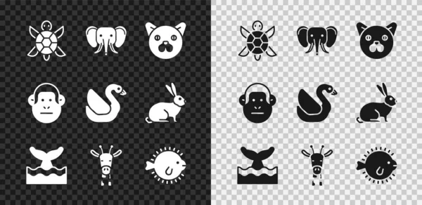 Set Turtle, Elephant, Cat, Whale tail in ocean wave, Giraffe head, Puffer fish, Monkey and Swan bird icon. Vector — Stockvector