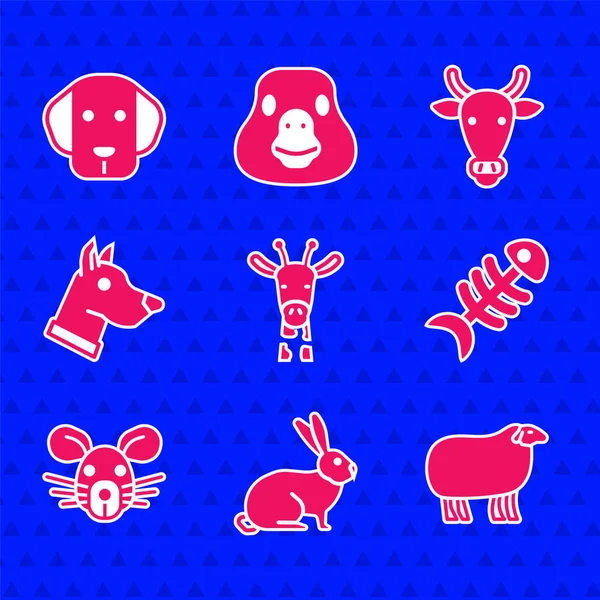 Set Giraffenkopf, Kaninchen, Schafe, Fischskelett, Ratte, Hund, Kuh und Symbol. Vektor — Stockvektor