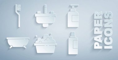 Sabun köpüklü leğen, şampuan şişesi, küvet, temizlik malzemesi, lavabo musluğu ve diş fırçası ikonu. Vektör