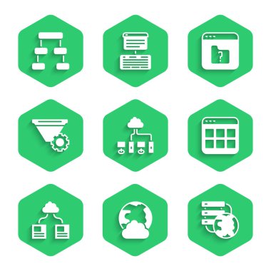 Bilgisayar ağı, Sosyal Ağ, Ağ Bulutu bağlantısı, Tarayıcı dosyaları, Bulut teknolojisi veri transferi, Filtre ayarı, Dosya kayıpları ve Hiyerarşi organogram grafik simgesini ayarla. Vektör