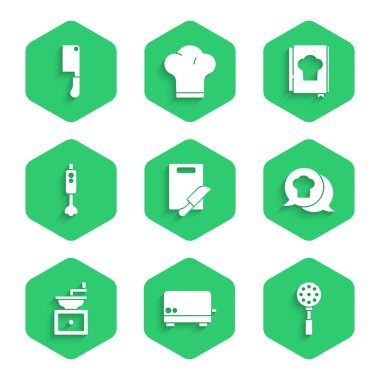 Kesme tahtası, ekmek kızartma makinesi, Spatula, aşçı şapkası konuşma balonu, el yapımı kahve öğütücüsü, karıştırıcı, yemek kitabı ve et doğrayıcı ikonu. Vektör