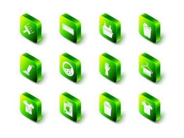 Sünger, tişörtlü leğen, kova köpüğü, havlu askısı, kurutucu giysiler, lastik eldivenler, çöp tenekesi ve çamaşır makinesi ikonu. Vektör