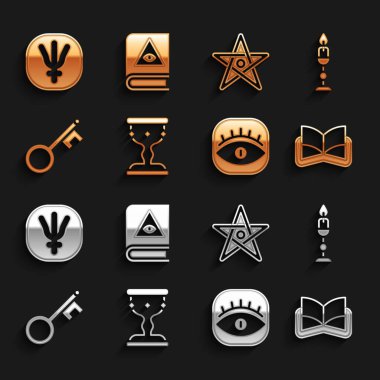 Ortaçağ kadehi, yanan mum, antik büyü kitabı, masonlar, eski anahtar, pentagram, Neptün gezegeni ve ikonu. Vektör