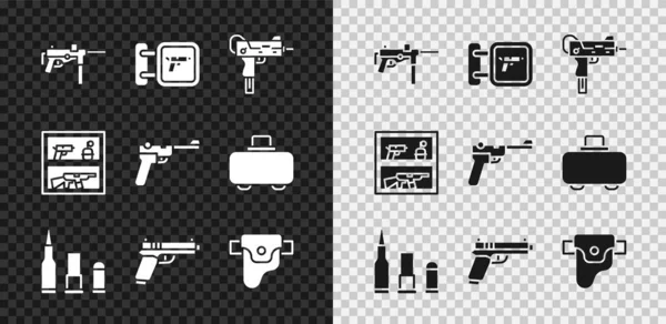 Набор Пистолет-пулемет M3, Охотничий магазин оружия, UZI автомат, Пуля, Пистолет или, Кобура пистолет, и иконка Маузер. Вектор — стоковый вектор