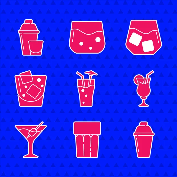 Set Cocktail, Glas mit Wasser, Shaker, Martini-Glas, Whiskey und Ikone. Vektor — Stockvektor