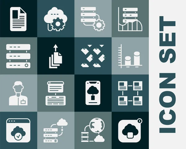 Set Cloud-Technologie Datenübertragung, Hierarchie Organogrammdiagramm, Datenanalyse, Server und Ausrüstung, Export, Server, Daten, Web-Hosting, Dateidokument und Stream-Symbol. Vektor — Stockvektor