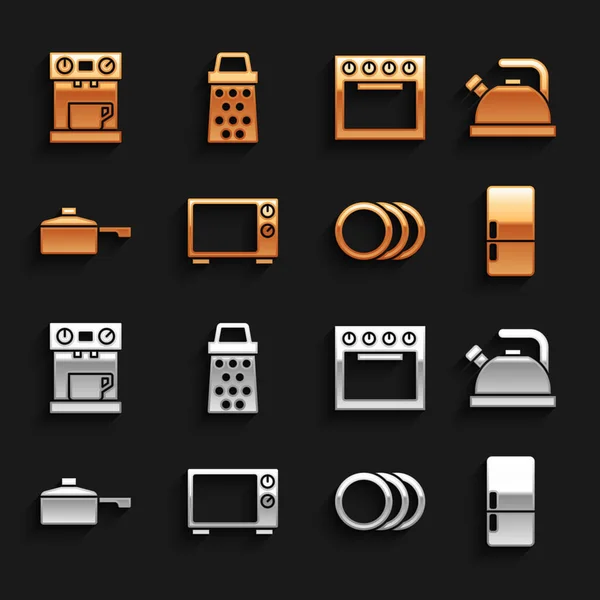 Set Horno microondas, Hervidor con mango, Frigorífico, Placa, Sartén, Horno, Cafetera e icono rallador. Vector — Vector de stock