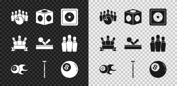 Set Bowling pin and ball, Billiard chalk, cue, and icon. Vector — Stock Vector