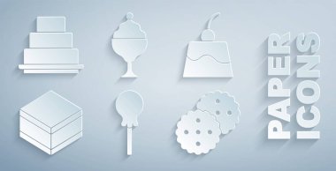 Lolipop, muhallebi, çikolatalı kek, kurabiye ya da bisküvi, dondurma kasesi ve kek ikonu. Vektör