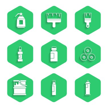 Boya, guaj, kavanoz, boya, keçeli kalem, sprey kutu, kova, fırça ve silah ikonu. Vektör