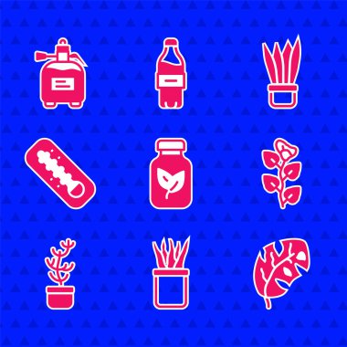 Gübre şişesi, saksıda bitki, tropikal yapraklar, sarmaşık dalı, tropikal bitki, meteoroloji termometresi ve gübre ikonu için bahçe spreyi. Vektör