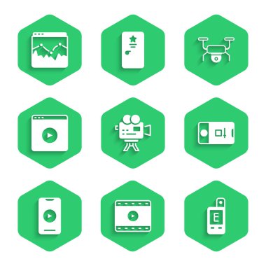 Retro sinema kamerası, Play Video, Light meter, Photo ve video çekimi, Online play, Drone uçuş ve müzik dalga eşitleyici ikonu. Vektör