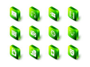 Set Kulaklıkları, Fotoğraf ve Video Çekimleri, Play Video, İHA uçuşları, Drama Tiyatro Maskesi, Film makarası, Online Play ve Eski Film gerileme kare simgesi. Vektör