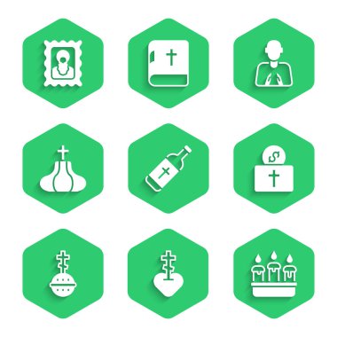 Kutsal su şişesi, kalbe kutsal haç, yanan mum şamdanı kilise için bağış, Hristiyan, kilise kulesi, dua eden eller ve ikon ikonu. Vektör