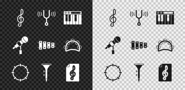Set Treble clef, Musical tuning fork, synthesizer, Tambourine, Drum and drum sticks, Microphone and Xylophone icon. Vector — Stock Vector