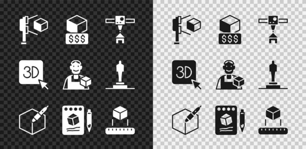 Ορισμός 3D σαρωτή με κύβο, υπηρεσίες εκτυπωτή, σπίτι, 3d εργαλείο στυλό, Σκίτσο σε χαρτί, Ισομετρική, και γραφικό εικονίδιο σχεδιαστή. Διάνυσμα — Διανυσματικό Αρχείο