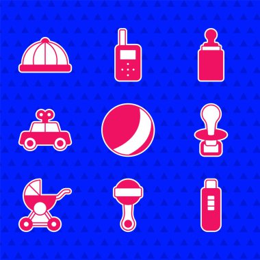 Plaj topu, oyuncak bebek, hamilelik testi, bebek emziği, bebek arabası, oyuncak araba, şişe ve şapka ikonu. Vektör