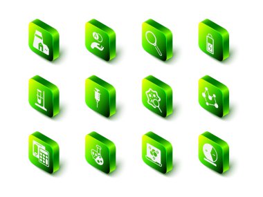 Atom, Büyüteç, Batarya, Kimyasal Formül büyüteç altında mikroorganizmalar ve zehirli sıvı ikonlu test tüpü. Vektör