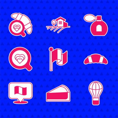 Bayrak Fransa, kirazlı cheesecake dilimi, sıcak hava balonu, kruvasan, kahve fincanı, parfüm ve kruvasan ikonu. Vektör