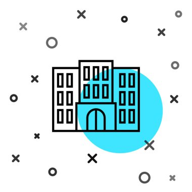 Siyah Hat Otel binası ikonu beyaz arka planda izole edildi. Rastgele dinamik şekiller. Vektör