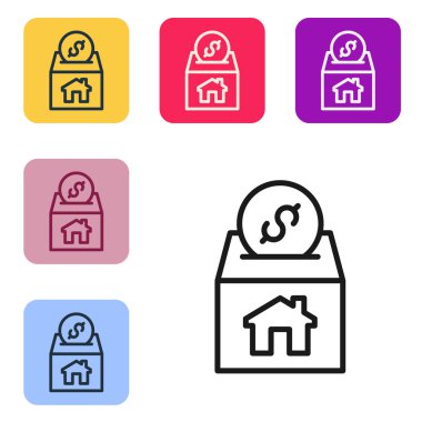 Siyah çizgi bağışı ve yardım ikonu beyaz arka planda izole edilmiş. Para ve bağış konsepti. Renkli kare düğmelerle simgeleri ayarla. Vektör