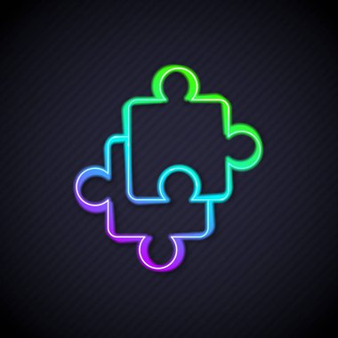 Parlayan neon hattı yapboz parçaları siyah arkaplanda izole edilmiş oyuncak ikonu. Vektör