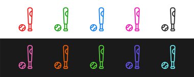 Siyah ve beyaz arka planda top ikonlu beysbol sopası ayarlayın. Vektör