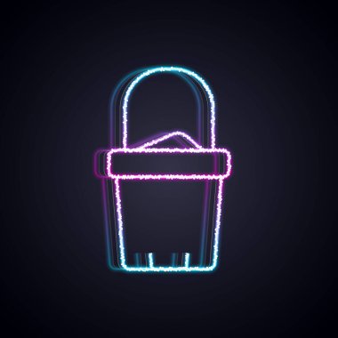 Siyah arka planda izole edilmiş, kova simgesindeki parlak neon çizgisi. Plastik çocuk oyuncağı. Yaz ikonu. Vektör