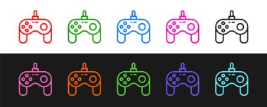 Siyah ve beyaz arkaplanda izole edilmiş çizgi Gamepad simgesi belirle. Oyun kontrolörü. Vektör