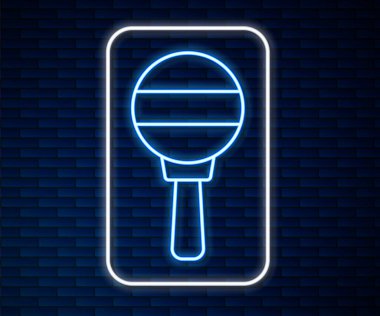 Parlayan neon hattı, oyuncak bebek oyuncağı ikonu tuğla duvar arka planında izole edildi. Fasulye torbası işareti. Vektör