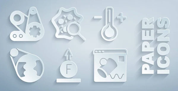 Set Forza della formula fisica, termometro, globo terrestre, visualizzazione dei dati, microrganismi sotto lente d'ingrandimento e icona del kit cinghia di temporizzazione. Vettore — Vettoriale Stock