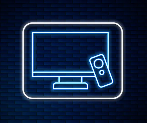 Leuchtende Neon-Line Smart-TV-Symbol isoliert auf Ziegelwand Hintergrund. Fernsehzeichen. Vektor — Stockvektor