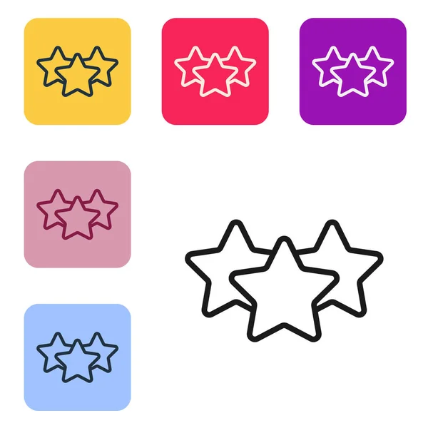 Linha preta Ícone de revisão de classificação de produto de cliente de cinco estrelas isolado em fundo branco. Favorito, melhor classificação, símbolo de prêmio. Definir ícones em botões quadrados de cor. Vetor — Vetor de Stock