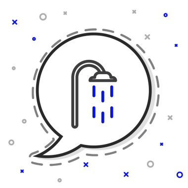 Beyaz zemin üzerinde su damlaları akan ikon olan çizgi duş başlığı izole edildi. Renkli taslak konsepti. Vektör İllüstrasyonu