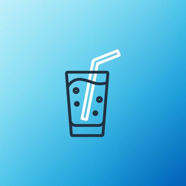 Mavi arka planda su ikonu olan çizgi camları. Soda bardağı. Renkli taslak konsepti. Vektör