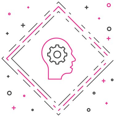 Beyaz arka planda izole edilmiş ikon içerisindeki dişli çizgi insan kafası. Yapay zeka. Düşünen beyin. Beynin sembol çalışması. Renkli taslak konsepti. Vektör