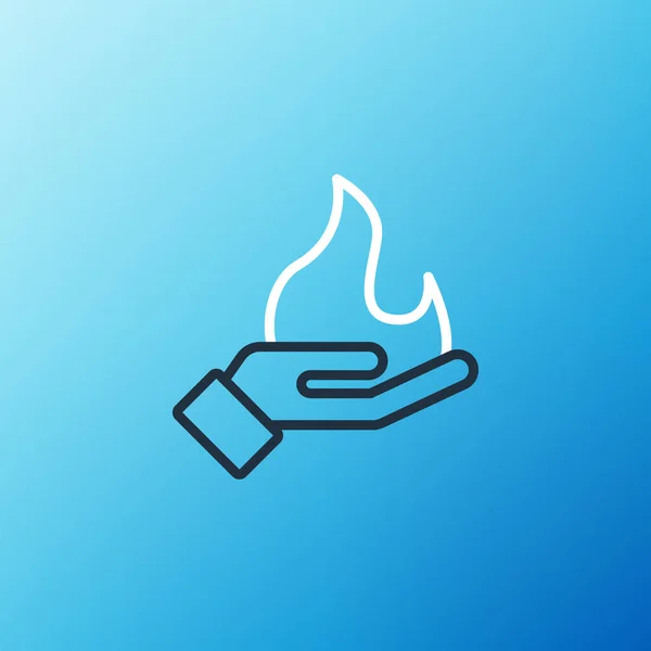 Line Hand met een vuur pictogram geïsoleerd op blauwe achtergrond. Kleurrijk concept. Vector — Stockvector