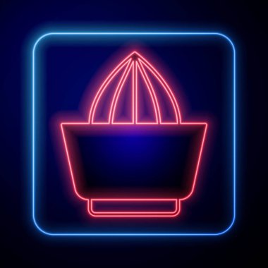 Parlayan neon renkli meyve sıkacağı ikonu siyah arkaplanda izole edilmiş. Vektör