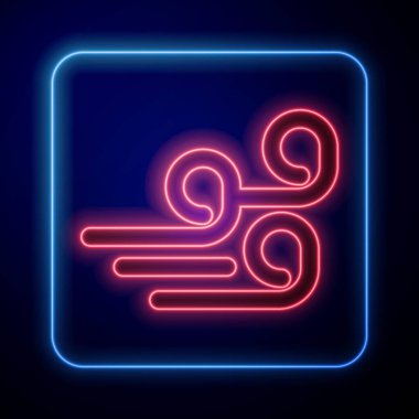 Parlayan neon rüzgarlı hava ikonu siyah arkaplanda izole edildi. Bulut ve rüzgar. Vektör