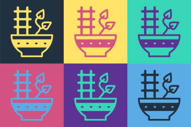 Esrar ikonundaki Pop Art Plant renkli arka planda izole edildi. Tencerede yetişen bir bitki. Saksı bitkisi işareti. Vektör